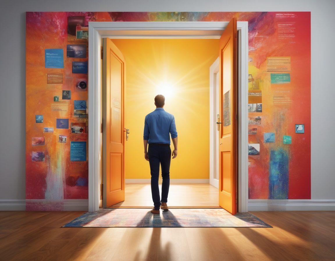 A person confidently stepping through a door labeled 'Opportunities', surrounded by a collage of diverse professionals offering guidance, such as mentors, career coaches, and job advisors. The scene is bright and inviting, symbolizing growth and positivity, with rays of light illuminating the pathway ahead. Incorporate elements of modern technology like laptops and digital devices in the background. vibrant colors. super-realistic.