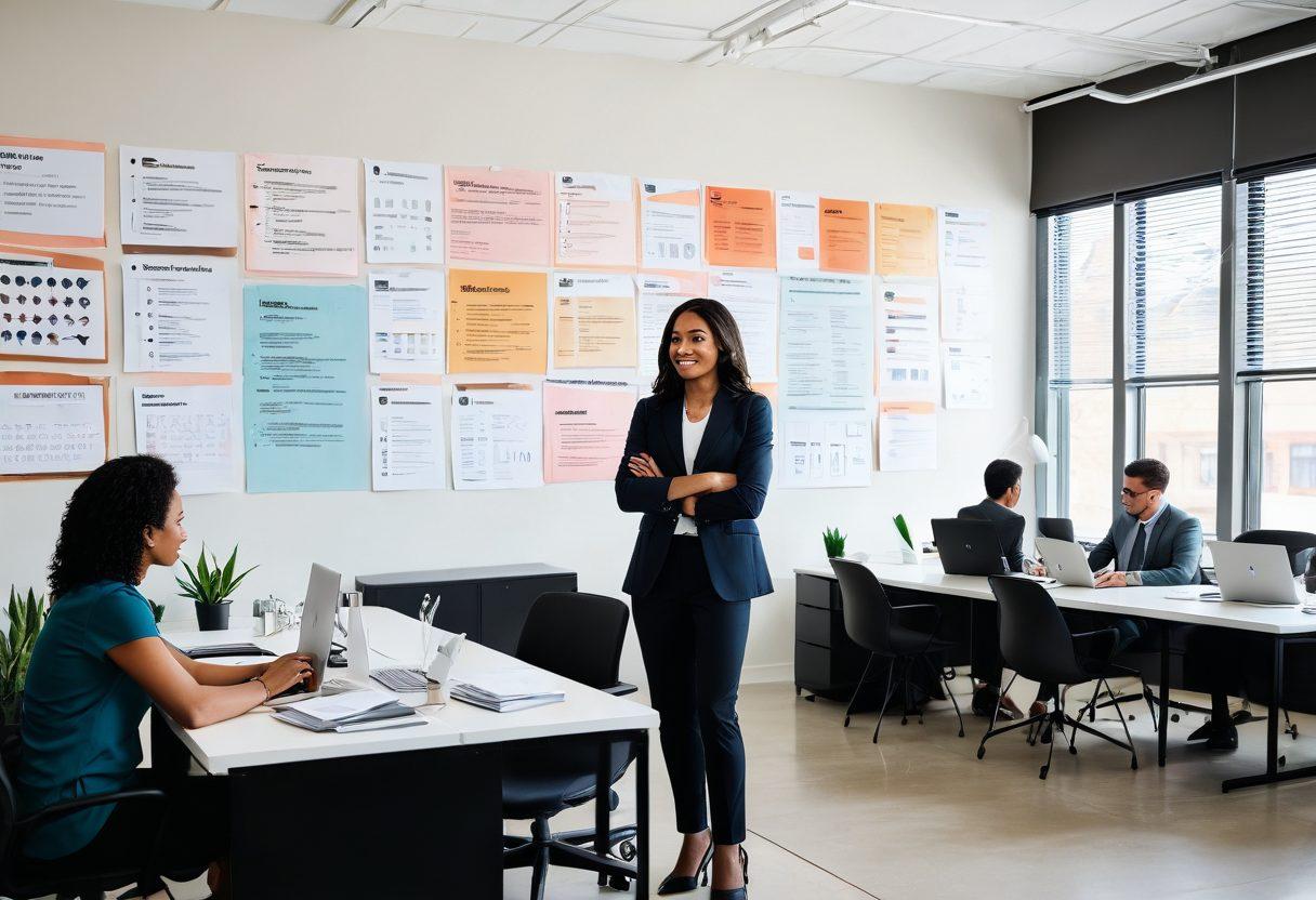 A professional career coach guiding a diverse group of individuals in a bright, modern office setting. Visual elements like resumes, laptops, and motivational quotes adorn the space, symbolizing preparation and transformation. A subtle overlay of arrows pointing towards a 'Job Offer' sign to convey progression. Include warm, inviting colors to evoke a sense of encouragement and possibility. super-realistic. vibrant colors. modern design.