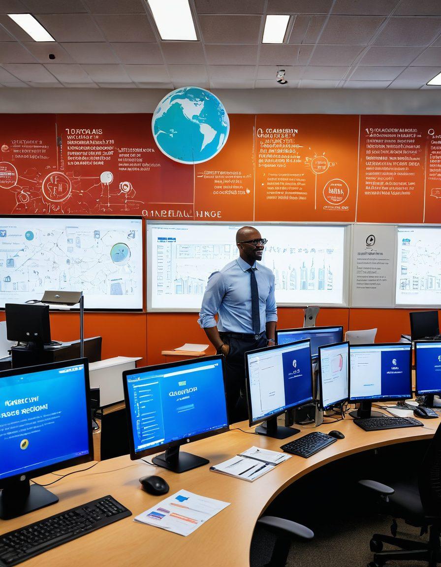 A professional coach guiding a diverse group of job seekers in a bright, modern office space, displaying various career-related materials and tech devices. The atmosphere is energetic with motivational quotes on the wall, symbolizing growth and opportunity. Include elements like a globe to represent global careers, and charts illustrating success. vibrant colors. super-realistic.
